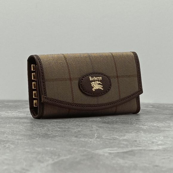 4NWOT Burberry Plaid 4 Leather Canvas Gold Ring Compact Small Sz Key Case Pouch - Picture 2 of 10